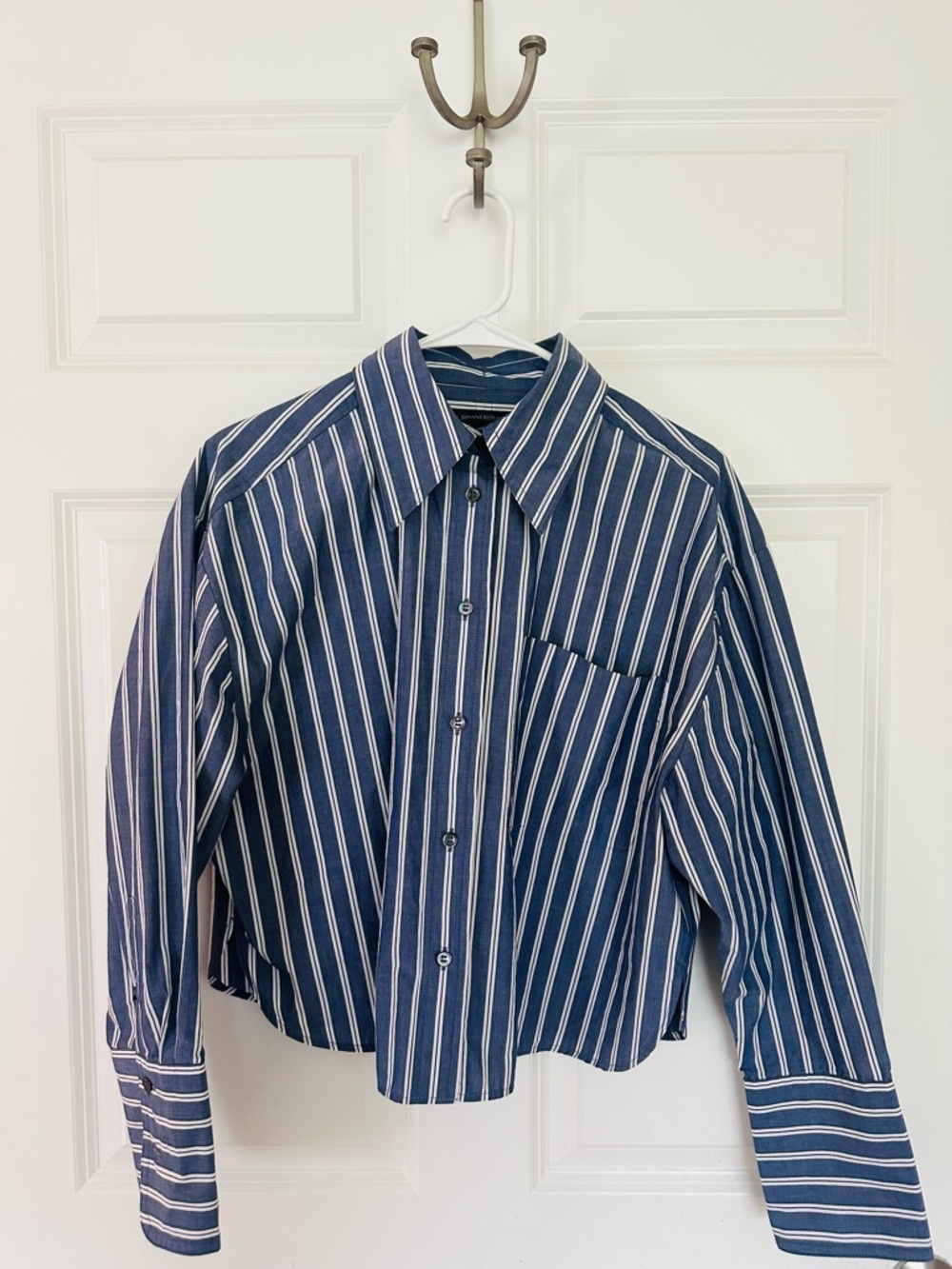 Banana Republic Classic Navy Striped Button-Up Shirt Cropped Boxy Fit